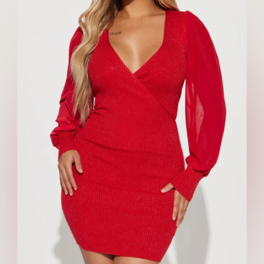 Red Ribbed Mesh Dress